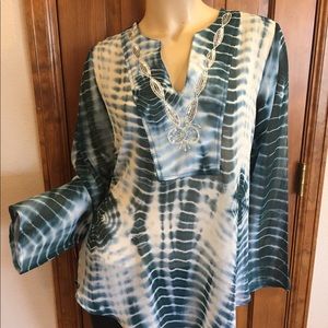 Vintage JASMINE Turquoise Tie Dye Embellished Boho Hippie Blouse Size MEDIUM